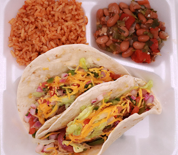Two Taco palte with rice and beans